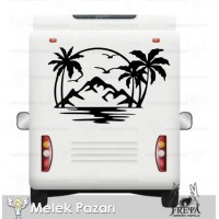 Deniz Manzarası Palmiye Karavan Sticker, Karavan Ç..