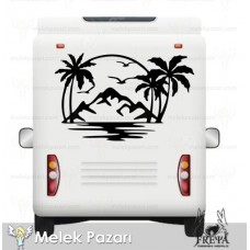 Deniz Manzarası Palmiye Karavan Sticker, Karavan Çıkartmaları