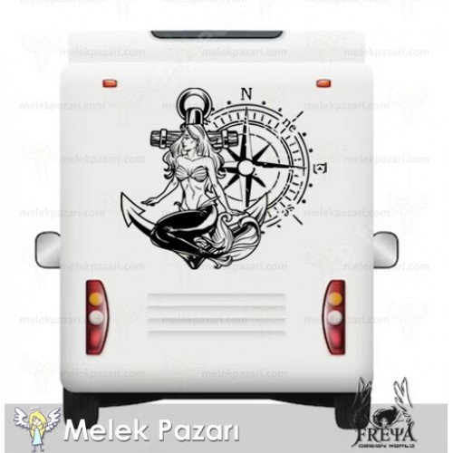 Denizkızı Pusula Karavan Sticker. Denizkızı Tekne Çıkartma