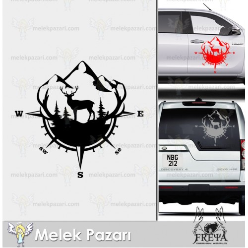 Geyik, Dağ ve Pusula Off Road Karavan Sticker.