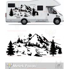 Geyik Sürüsü Karavan Sticker. Geyik Doğa Manzara Kamp Karavan Sticker