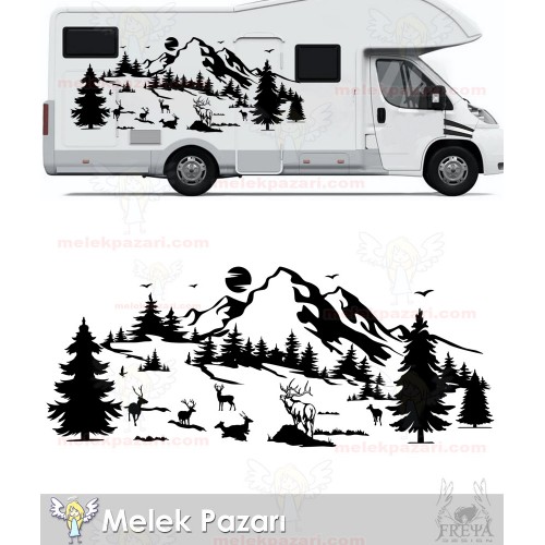 Geyik Sürüsü Karavan Sticker. Geyik Doğa Manzara Kamp Karavan Sticker