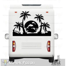 Gün Batımı Manzarası Palmiye ve Yunuslar Karavan Sticker