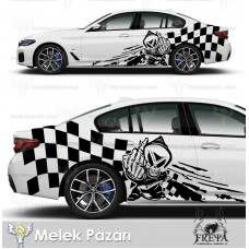 Kuru Kafa İskelet Damalı Yarış Bayrağı Araba Yan Gövde Çamurluk Sticker 