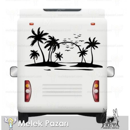 Palmiye ve Martlılar Deniz Manzarası karavan Sticker