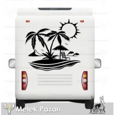 Palmiye ve Yunuslar Manzara Karavan Sticker. Karavan Çıkartmaları 