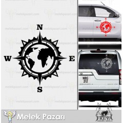 Pusula Dünya Off Road Karavan Sticker. Dünya Haritası Sticker.