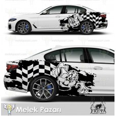 Tazmanya Canavarı  Araba Arka Çamurluk Üstü Sticker. Damalı Bayrak Oto Sticker