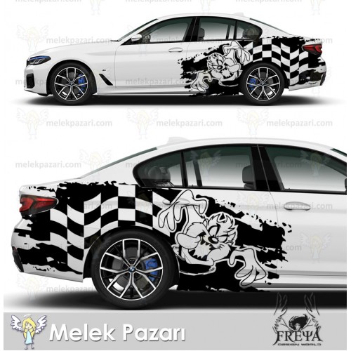 Tazmanya Canavarı  Araba Arka Çamurluk Üstü Sticker. Damalı Bayrak Oto Sticker