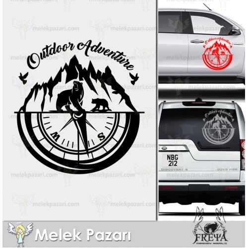 Pusula Dağ Manzarı ve Ayılar Kamp Karavvan Sticker. Pusula Karavan Çıkartma