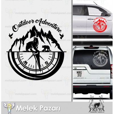 Pusula Dağ Manzarı ve Ayılar Kamp Karavvan Sticker. Pusula Karavan Çıkartma