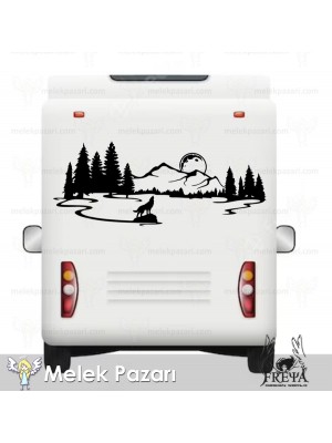 Uluyan Kurt ve Gün Batımı Manzara Karavan Sticker