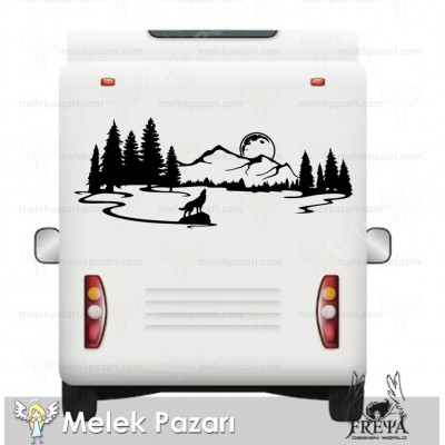 Uluyan Kurt ve Gün Batımı Manzara Karavan Sticker