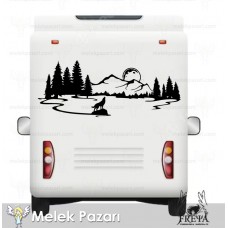 Uluyan Kurt ve Gün Batımı Manzara Karavan Sticker 