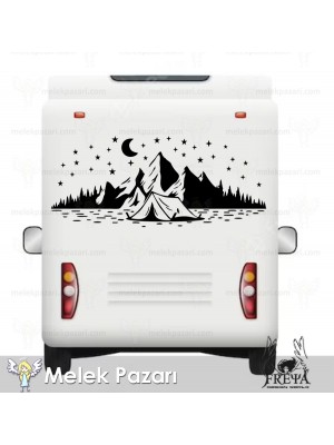 Kamp Çadırı Ay ve Yıldırlar Manzara Karavan Sticker Kamp Çadırı Ay ve Yıldırlar Manzara Karavan Sticker