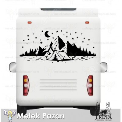 Kamp Çadırı Ay ve Yıldırlar Manzara Karavan Sticker