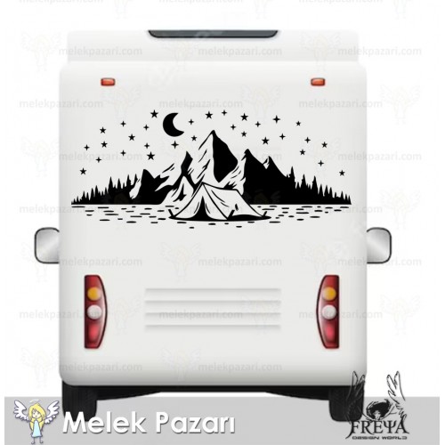 Kamp Çadırı Ay ve Yıldırlar Manzara Karavan Sticker