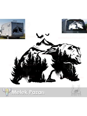 Doğa Manzarası ve Ayı Kamp Araba Karavan Sticker, Off Road Sticker Doğa Manzarası ve Ayı Kamp Araba Karavan Sticker, Off Road Sticker