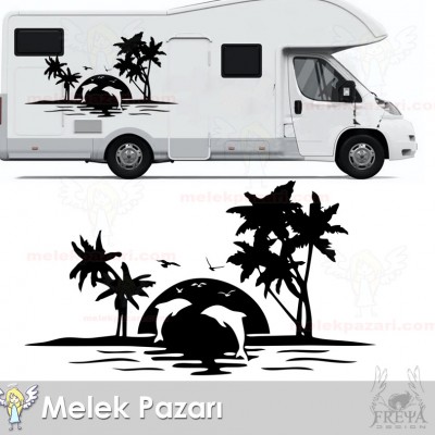 Palmiye ve Yunuslar kamp Karavan Sticker