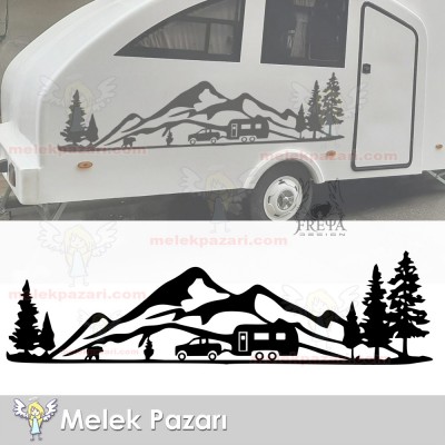 Kamp Orman Manzara Karavan Sticker, Kamp Sticker