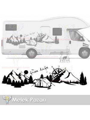 Yazı Tercihli, Free Life Orman Manzara Karavan Sticker, Kamp Sticker