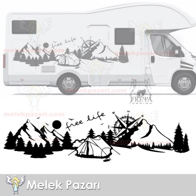 Yazı Tercihli, Free Life Orman Manzara Karavan Sticker, Kamp Sticker
