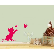 Kedi ve Kelebekler Duvar Sticker 
