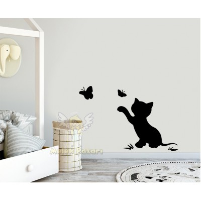 Kedi ve Kelebekler Duvar Sticker