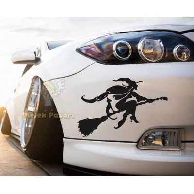 Kedi ve Süpürgeli Cadı Araba ve Duvar Sticker