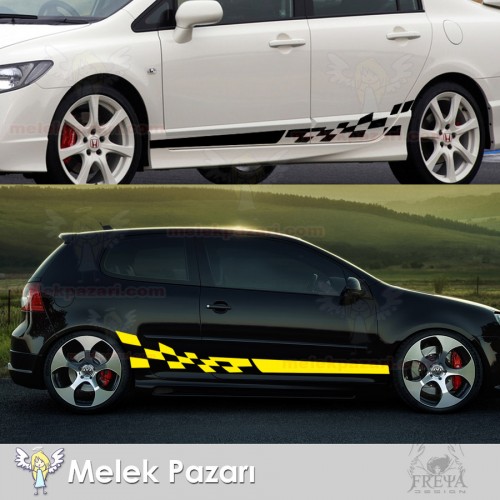 Araba Damalı Yan Bayrak Yarış Şeridi Sticker, Damalı Bayrak Yarış Şeridi Oto Sticker
