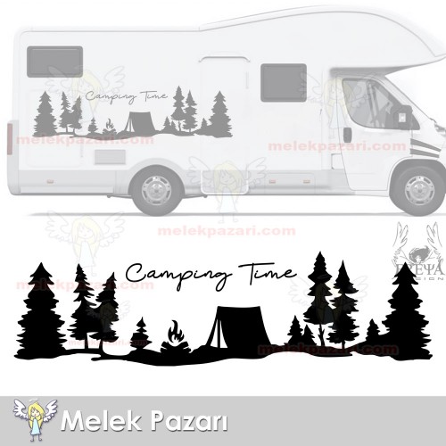 Kamp Zamanı, Camping Time Orman Manzara Karavan Sticker, Kamp Sticker