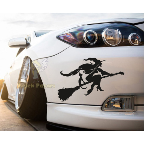 Kedi ve Süpürgeli Cadı Araba ve Duvar Sticker