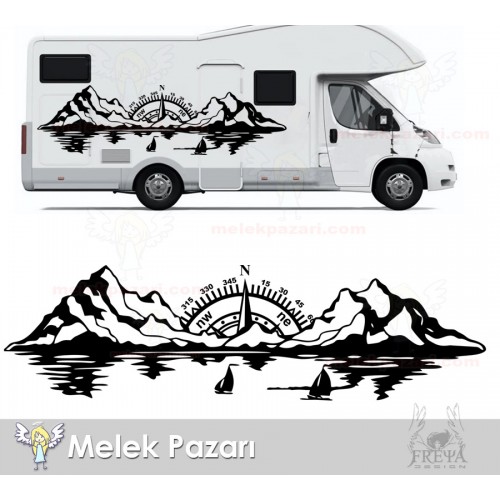 Pusula Dağ Deniz Doğa Manzara Off Road Kamp Karavan Sticker