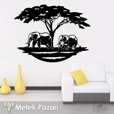 Afrika Doğa Manzarası ve Fil Sürü Duvar Sticker, Duvar Dekoru