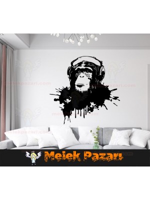 Müzik Dinleyen Maymun Sanat Duvar Sticker