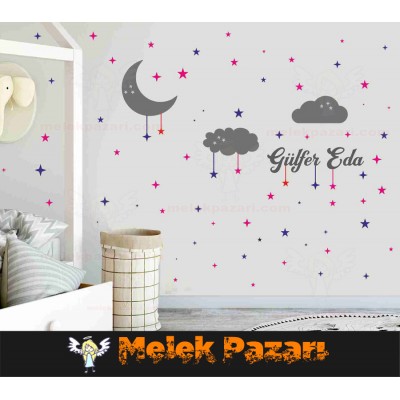 Kişiye Özel Ay Bulut ve Yıldızlar Duvar Sticker