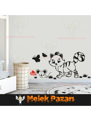 Kedi ve Fare Arkadaşı Çocuk Odası Duvar Sticker