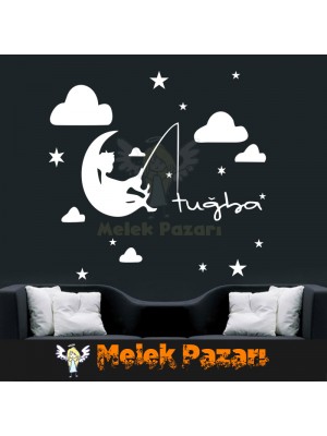 İsme Özel Ay da Olta Sallayan Çocuk, Duvar Sticker İsme Özel Ay da Olta Sallayan Çocuk, Duvar Sticker