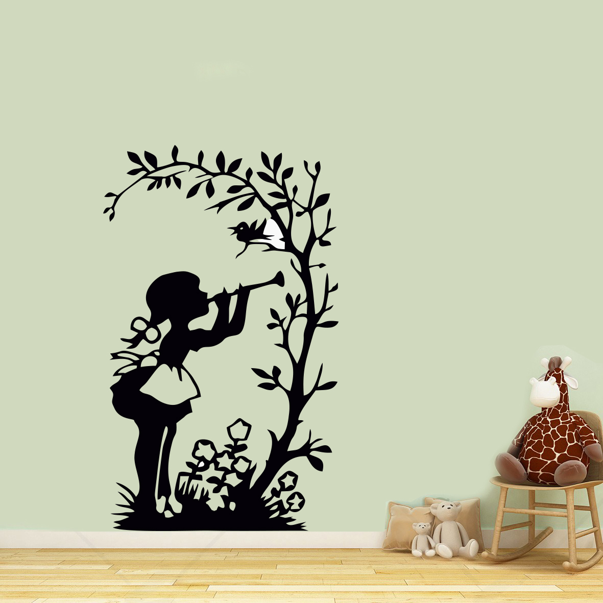 Flüt  Çalan Kız ve Kuş Duvar Sticker