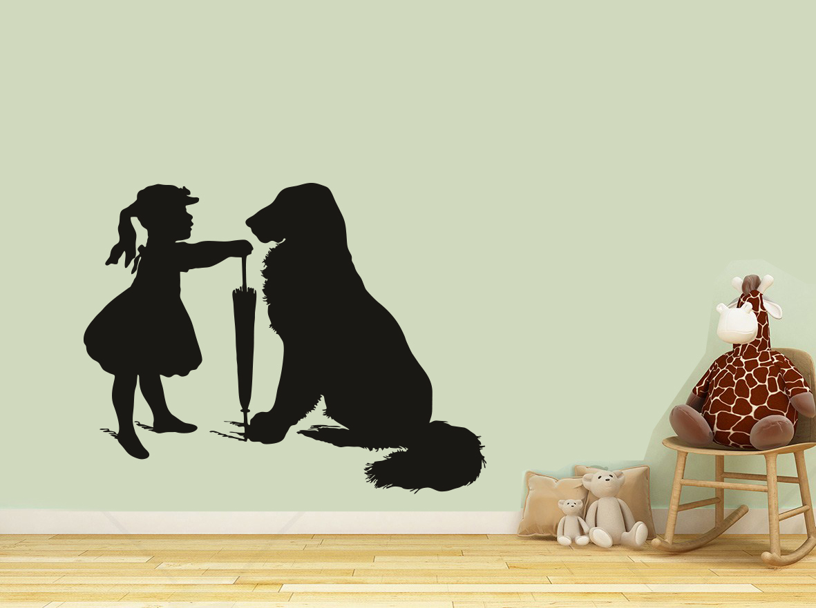 Şemsiyeli Kız ve Golden Köpeği Duvar Sticker