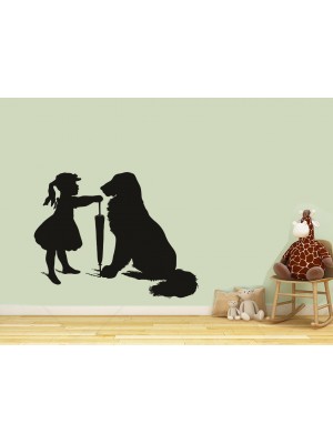 Şemsiyeli Kız ve Golden Köpeği Duvar Sticker
