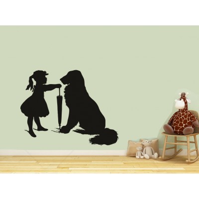 Şemsiyeli Kız ve Golden Köpeği Duvar Sticker