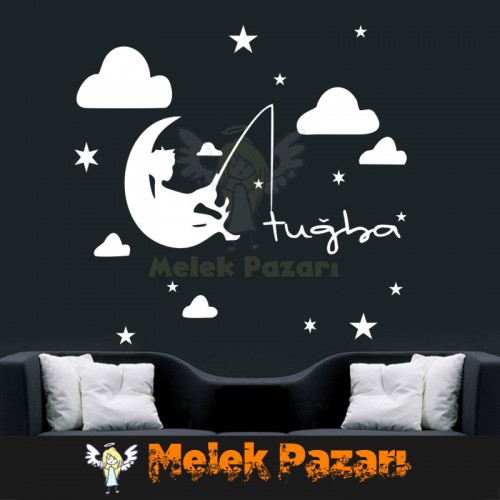 İsme Özel Ay da Olta Sallayan Çocuk, Duvar Sticker