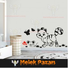 Kedi ve Fare Arkadaşı Çocuk Odası Duvar Sticker 