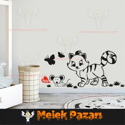 Kedi ve Fare Arkadaşı Çocuk Odası Duvar Sticker