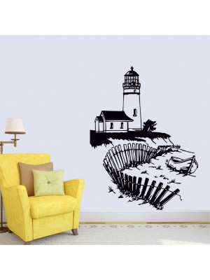 Sahildeki Kayık ve Deniz Feneri Manzarası Duvar Sticker