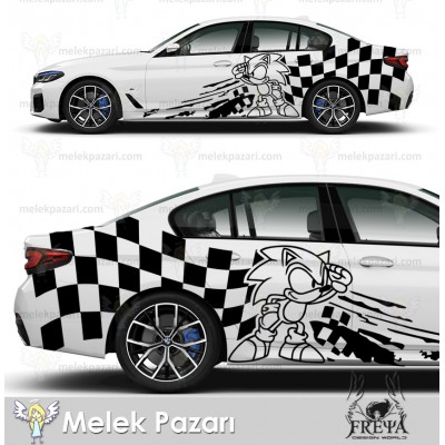 Damalı Yarış Bayrağı Sonic Araba Sticker. Oto Yan Gövde Sticker