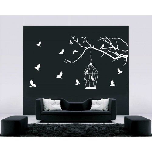 Kafes ve Kuş Sürüsü Duvar Sticker