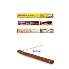 3 Paket 20 Çubuklu Tütsü Limon - Amber - Lilly - Kayık Hediyeli 