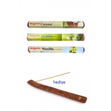 3 Paket 20 Çubuklu Tütsü Jasmine - Coconut - Vanilla - Kayık Hediyeli 